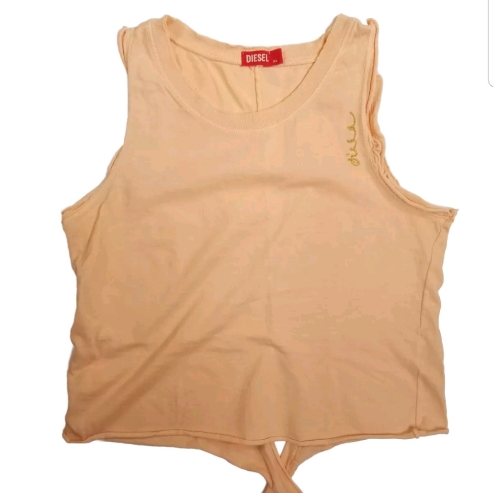 Diesel Women's Tank Top Pink Embroidered Logo Distressed Neck Size XL